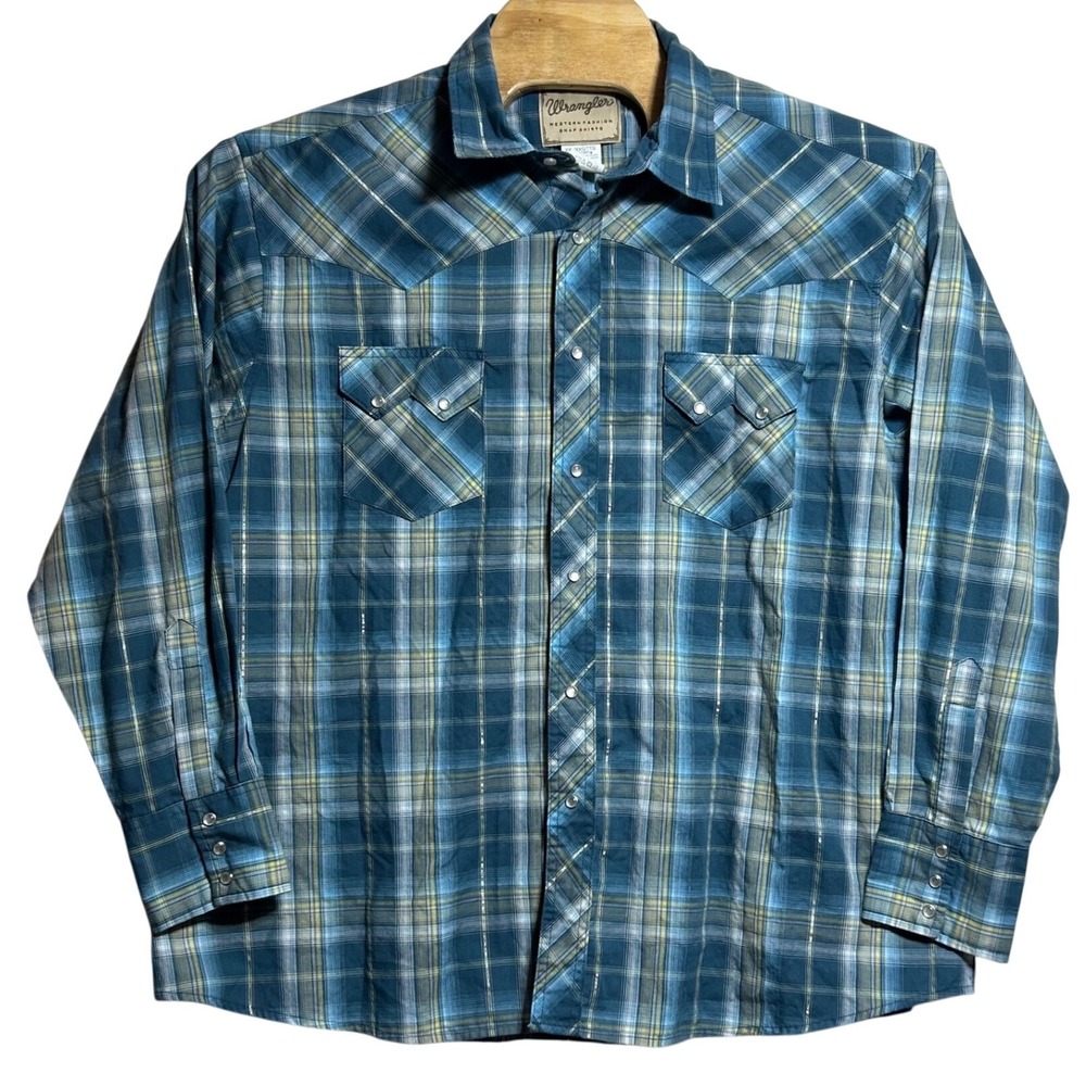 Wrangler Western Fashion Snap Shirt XXL Blue Yellow Plaid Metallic